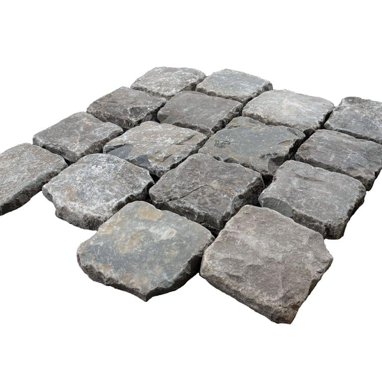Feature image for Reclaimed European Sandstone Cobblestones - Square - Worn Surface Interior Flooring. The surface finish shown is . Dominant colors shown are brown and gray. The color mix creates a warm feeling.