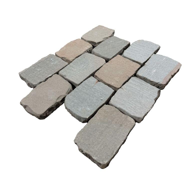 Application image for Reclaimed European Sandstone Cobblestones - Rectangle - Flat Surface Interior Flooring. The surface finish shown is flamed. Dominant colors shown are gray and tan.