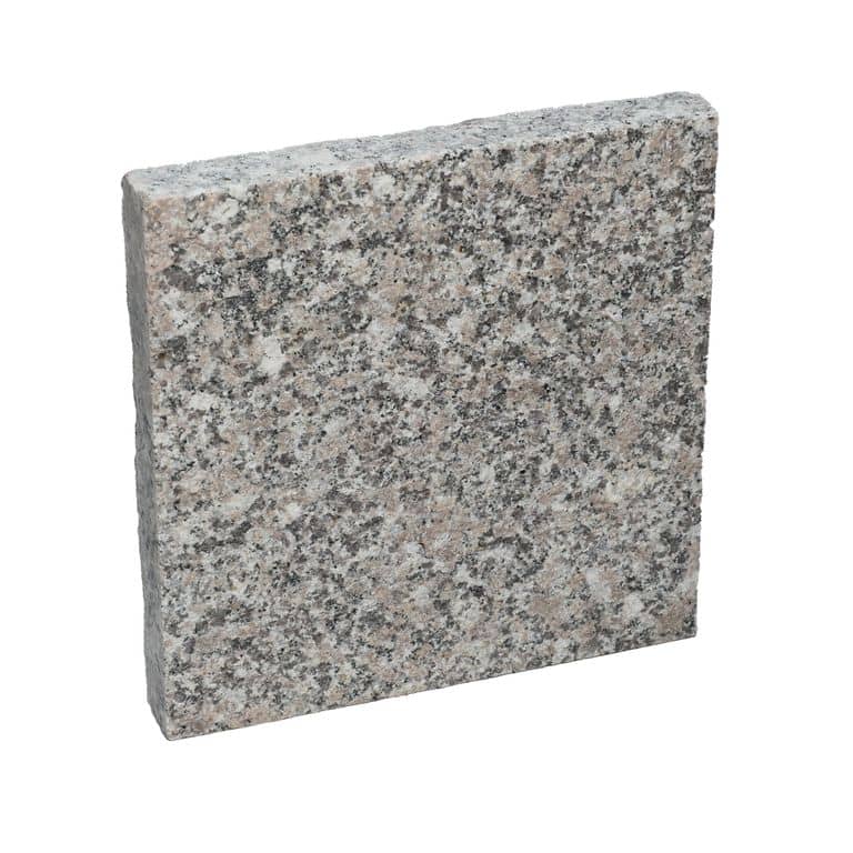 Oblique image for Englishman's Bay Granite - Flamed Pavers. The surface finish shown is flamed. The dominant color shown is gray. The color mix creates a cool feeling.