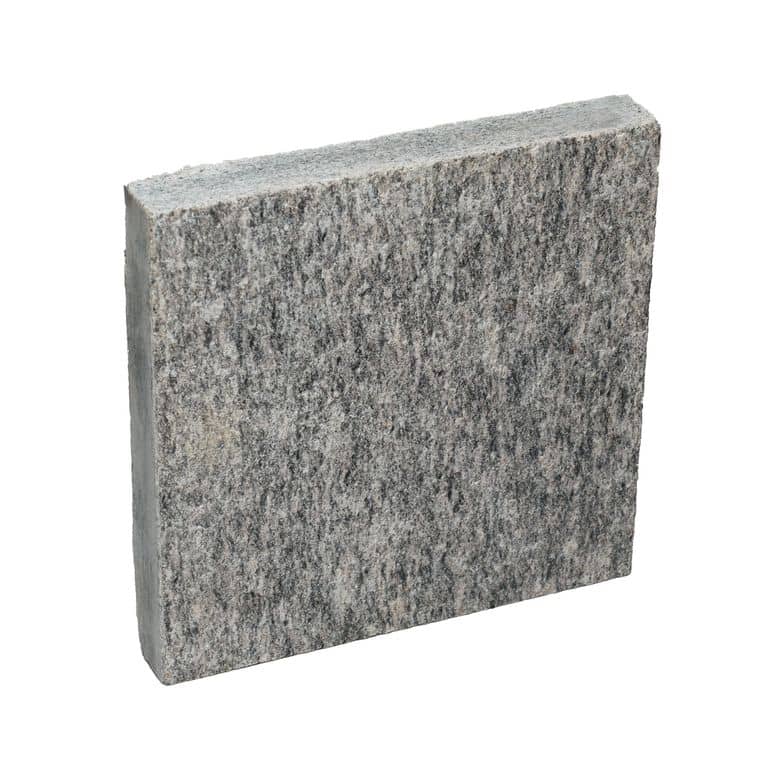 Oblique image for Brazilian Lucerna Gneiss - Flamed Pavers. The surface finish shown is flamed. The dominant color shown is gray. The color mix creates a cool feeling.