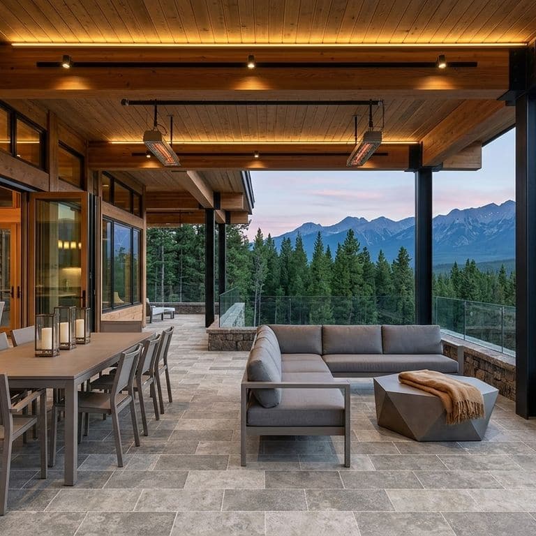 Application image for Bavarian Dolomite Gray - Antiqued Interior Flooring. The image shows this product being used for interior floor and patio pavers. The surface finish shown is antiqued. Dominant colors shown are brown and tan. The color mix creates a warm feeling.