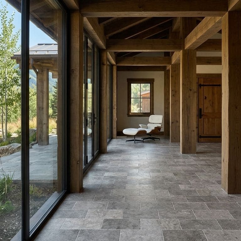 Application image for Bavarian Dolomite Gray - Antiqued Interior Flooring. The image shows this product being used for interior floor and patio pavers. The surface finish shown is antiqued. Dominant colors shown are gray and tan. The color mix creates a warm feeling.