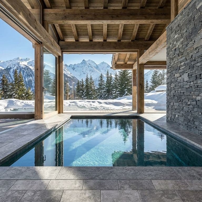 Application image for Bavarian Dolomite Gray - Antiqued Interior Flooring. The image shows this product being used for pool coping, patio pavers and pool deck pavers. The surface finish shown is antiqued. Dominant colors shown are gray and tan.
