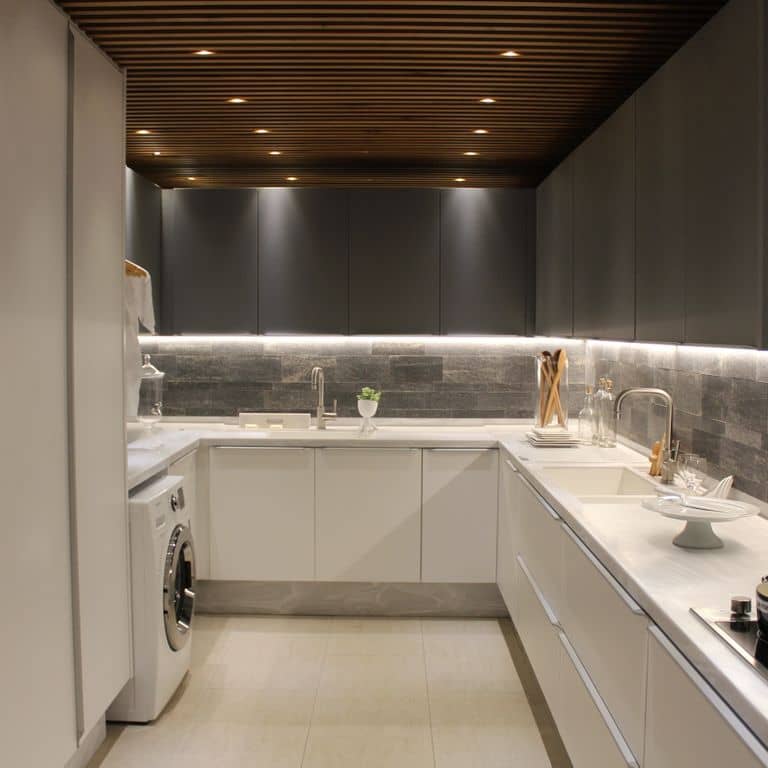 Application image for Brazilian Lucerna Gneiss - Interior Wall Cladding. The image shows this product being used in an interior cladding application. The surface finish shown is split-face. The dominant color shown is gray. The color mix creates a cool feeling.